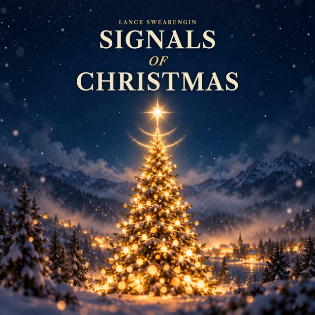 Album cover of Signals of Christmas by Lance Swearengin: a glowing Christmas tree topped with a star under a night sky, with snowy mountains behind.
